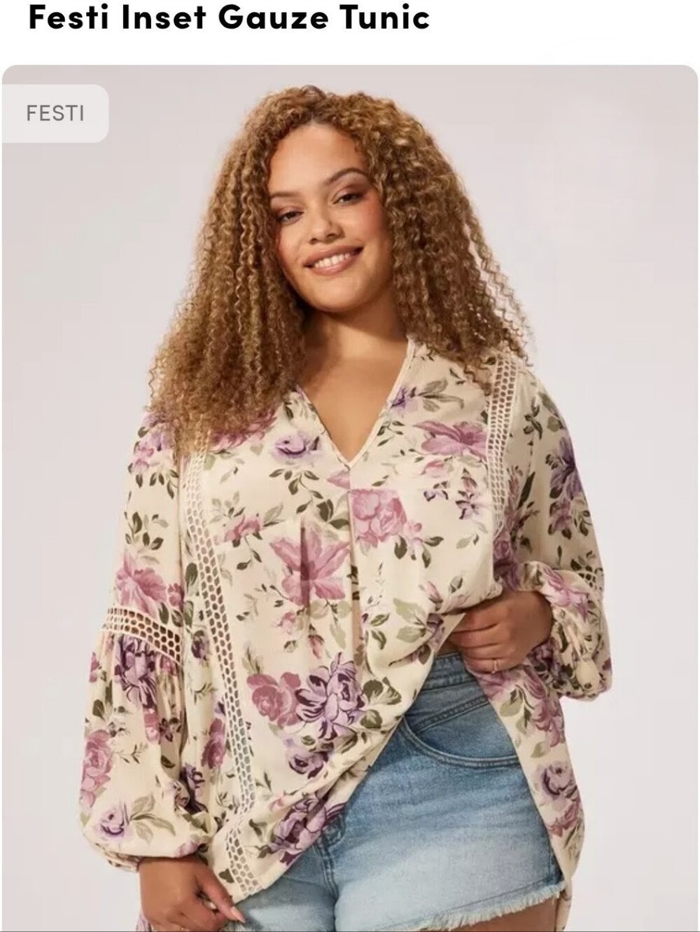 NWT Torrid Festi Inset Gauze Tunic - Cream Floral